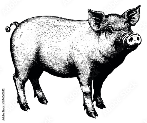 Hand drawn line art illustration of a pig depicting it standing for farm and food industry designs