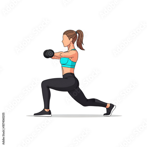 Woman Exercising with Dumbbell in Lunge Position Isolated on White