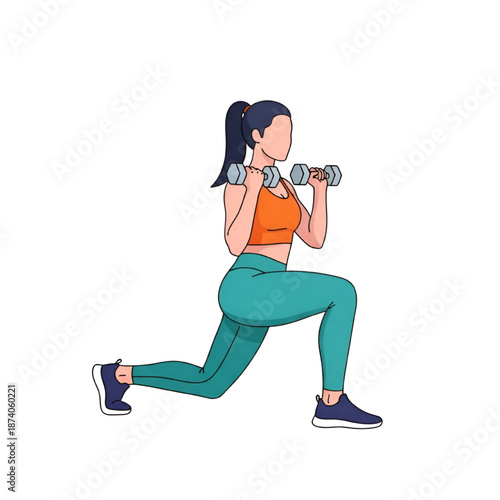 Woman Exercising with Dumbbells in Lunge Position on White Background
