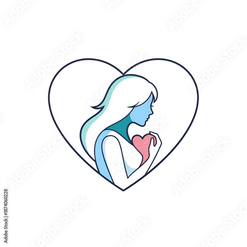 Woman Holding Heart Inside Heart Shape Illustration Isolated on White