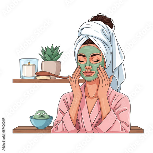 Woman Applying Green Face Mask in Pink Robe and Towel on Head