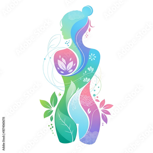 Pregnant Woman Silhouette with Floral Elements in Colorful Abstract Art