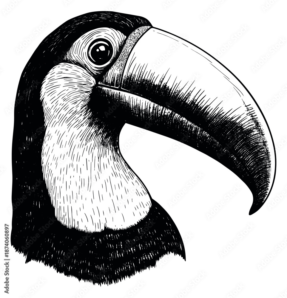 Naklejka premium Hand drawn line art illustration of a toucan head depicting its distinctive large beak for tropical wildlife themes