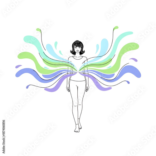 Woman with Colorful Abstract Artistic Lines Surrounding Body, Isolated on White Background