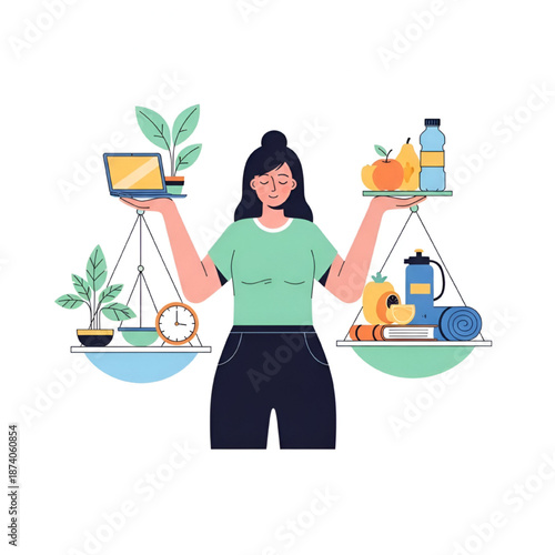 Woman Balancing Work and Life on Scales with Healthy Food and Office Supplies