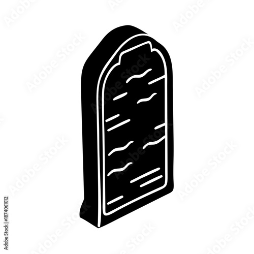 Isometric ancient stone tablet illustration, black silhouette with carved details. Ancient stone tablet design for educational, archaeological themes. Ancient stone tablet symbol for history.