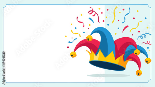 Jester hat for Carnival celebration with colorful confetti and festive streamers. Bright Carnival celebration accessories include jester's cap adorned with golden bells.