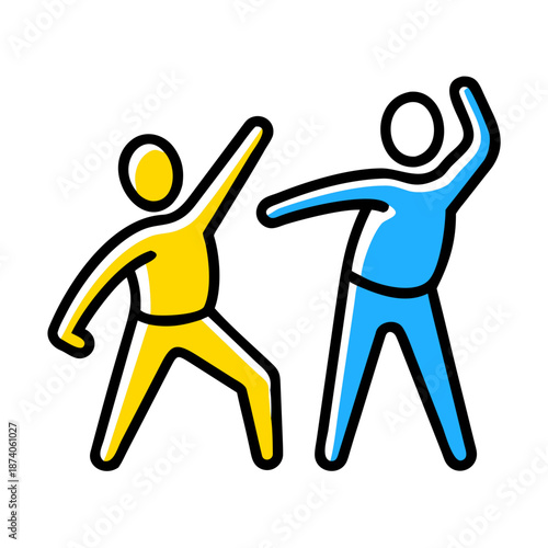 Icon showing older adults aerobics activity with two stylized figures in active poses. These stylized figures represent dynamic older adults aerobics, emphasizing health and fitness.