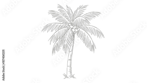 Detailed Hand-Drawn Coconut Palm Tree with Textured Gray Lines