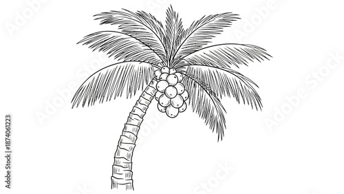 Detailed Black and White Sketch of a Coconut Palm Tree