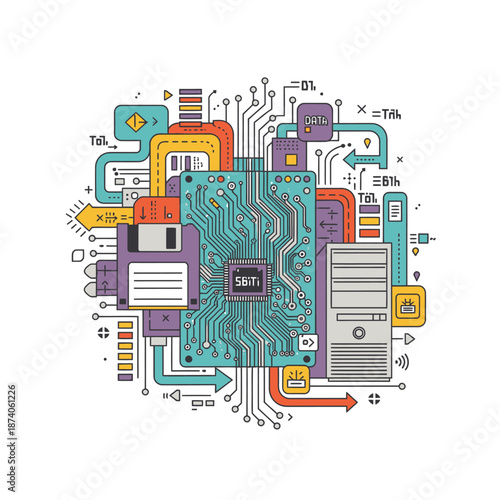 Abstract Representation of Computer Hardware and Data Flow.