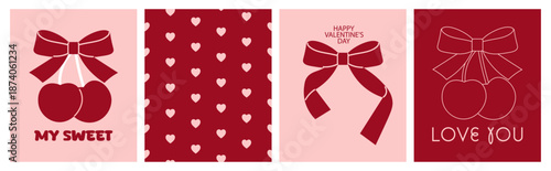Valentine's Day card set with cherries, bows and heart. Romantic vector templates for celebration, poster, invitation, banner, ads
