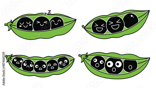 A cartoon illustration of peas in a pod with different facial expressions