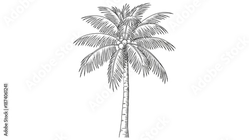 Detailed Black and White Coconut Palm Tree Illustration on White Background