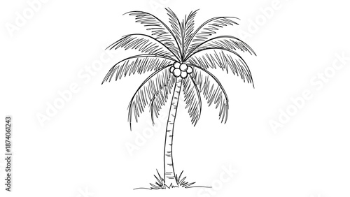 Detailed Black and White Palm Tree Illustration with Coconuts