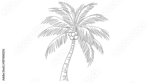 Detailed Gray Palm Tree Illustration with Coconuts and Textured Lines