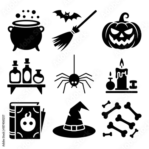A set of nine black icons features classic Halloween symbols