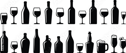 Collection of Black Silhouettes of Wine Bottles Beer Bottles and Glasses drink