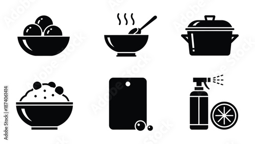 A set of black and white icons depicting various kitchen utensils and food