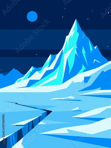 Stunning Arctic Landscape Vector Illustration of Majestic Ice Mountains and Frozen Plains Under a Clear Night Sky