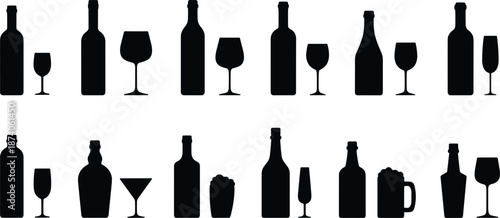 Collection Of Black Silhouettes Of Wine Bottles Glasses Beer Mugs And Cocktail Glasses Keywords: wine bottle, wine glass, beer