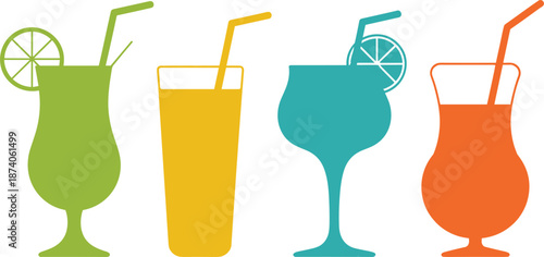 Colorful Cocktail Drinks With Straws And Lime Slices On White Background Keywords: cocktails, drinks, beverages, summer, party