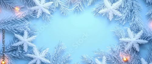 Frosty pine branches and white decorative snowflakes frame  light blue winter holiday border