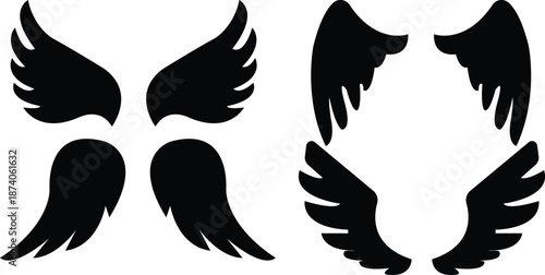 Set of Black Wing Silhouettes in Various Shapes for Logo Design Tattoo Art and Decorative Graphic Elements