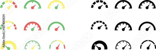 Set of speedometer, gauge, meter, indicator, dashboard icons and elements in color and black and white styles