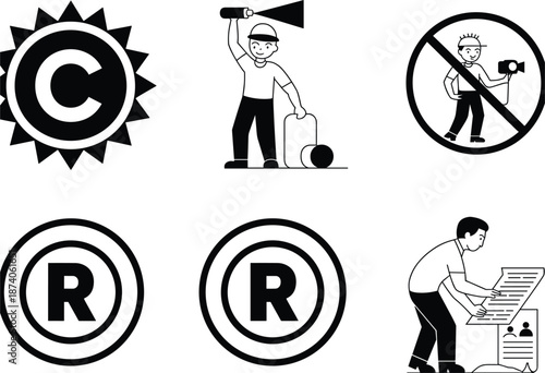 Copyright Trademark and Intellectual Property Symbols with Cartoon Illustrations registered icon