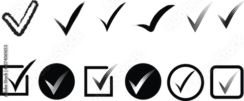 Set of Black Check Mark Icons and Validation Symbols in Various Shapes and Styles for UI UX Design