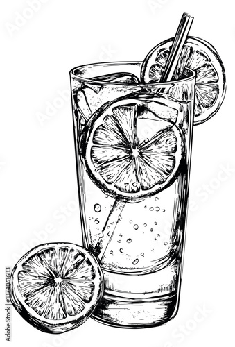 Hand drawn line art illustration of a refreshing drink depicting a tall glass with ice, lemon slices, and a straw for summer beverages and bar menus