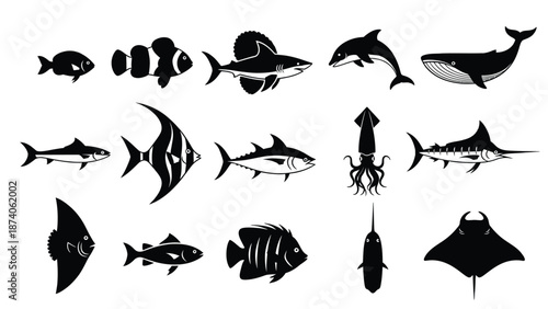 A collection of various marine animals in purple silhouette on white background