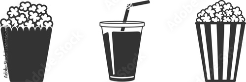 Popcorn Buckets and Drink Icon Set Black and White Vector Graphics Keywords: popcorn, bucket, drink, cup, straw, movie, cinema