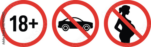 Prohibition signs for age, cars, and pregnancy symbol warning
