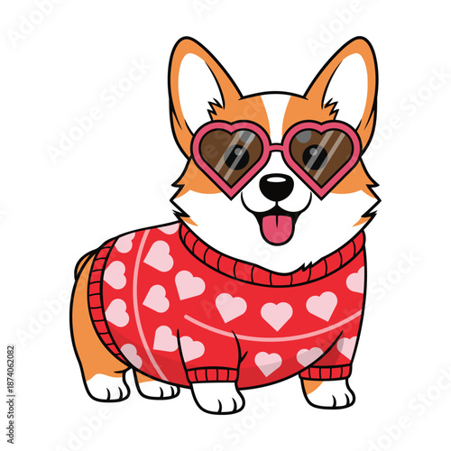 Cute Corgi Dog Wearing Heart Sweater and Pink Sunglasses Vector