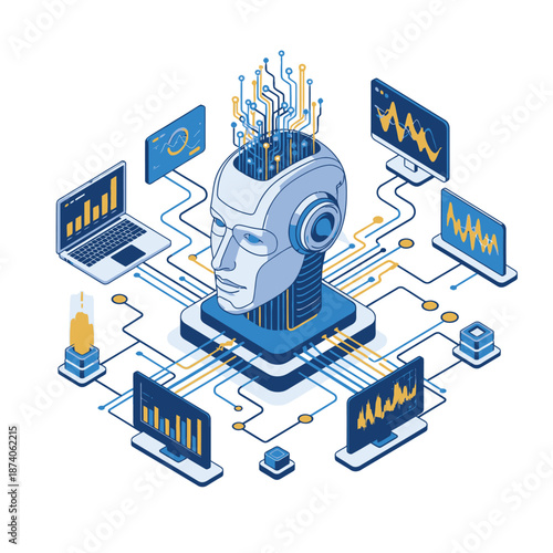 Artificial Intelligence Robot Head with Circuits and Data Flow.