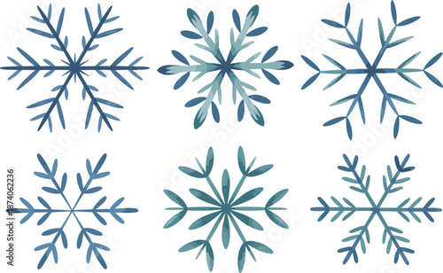 Watercolor snowflake set illustration, winter icy crystals, blue decorative snow flakes, minimal seasonal design, festive holiday art collection background vector