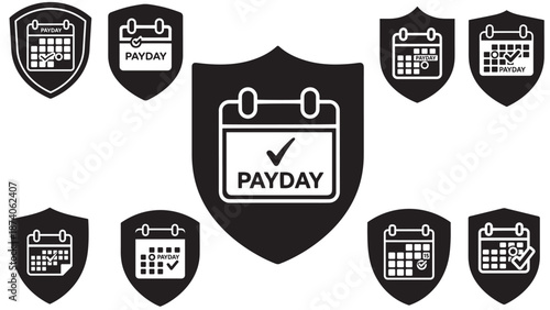 Solid Badge Shield Icon Featuring A Calendar With A Payday Mark To Represent Payroll, Payment Schedule And Financial Protection