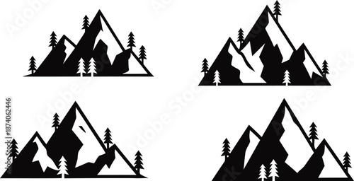 High-Resolution Black Mountain Silhouettes on Pure White Background