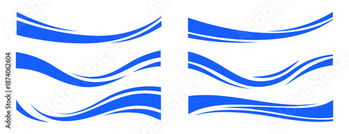 Set of six minimalist horizontal swoosh wave banners in a vibrant blue