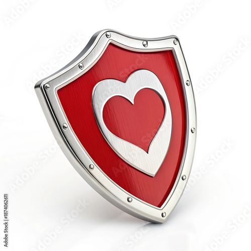 Red shield with heart emblem symbolizing protection, safety, and health insurance