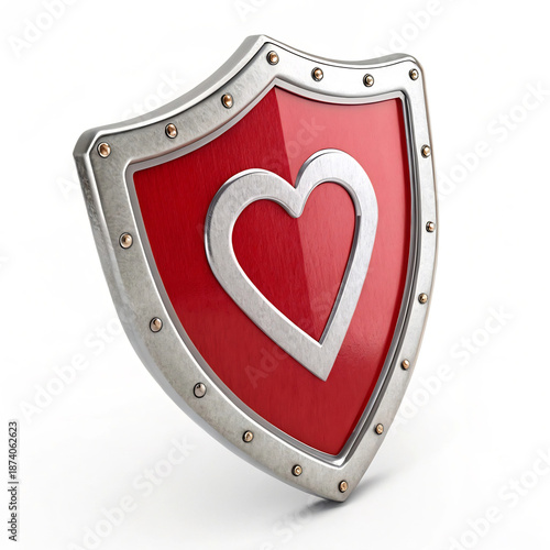 Red shield with a silver heart emblem, symbolizing protection and love