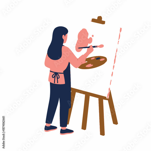 Artist painting on canvas with easel and palette.