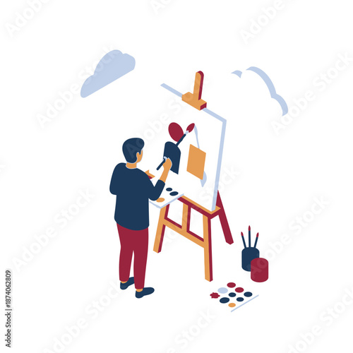 Artist painting on easel with colorful palette.