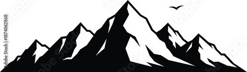 Black and white of jagged mountain peaks with a bird flying rock nature