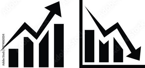 Black bar graph showing upward and downward trends with arrows bar chart up arrow