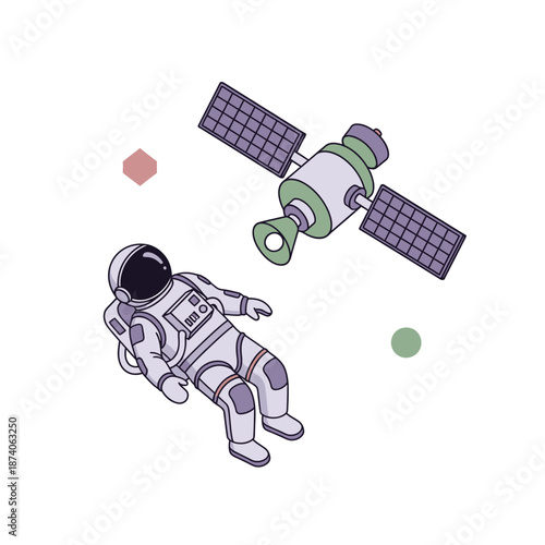 Astronaut and Satellite Floating in Outer Space Illustration.