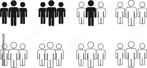 Black and White Icon Set of Team, User, and People Groups in Solid and Outline Styles Representing Social Network, Users, Crowd, or Business Organization.