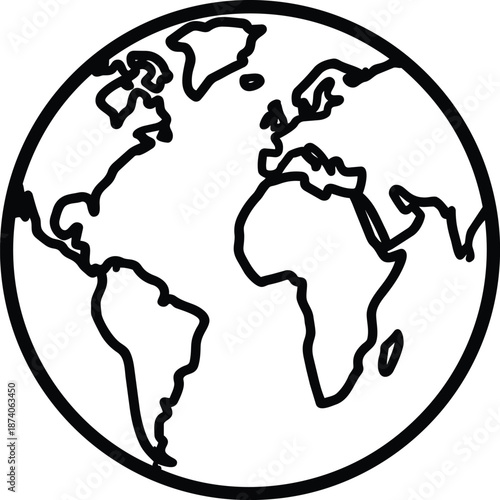 Simple line art illustration of the earth globe showing continents on a white background.